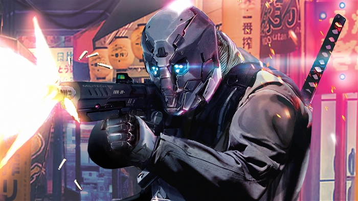 Cyberpunk Cyborg firing a gun in a neon city