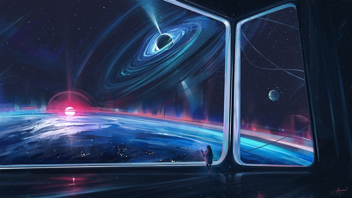 Girl looking at a black hole and planet from a spaceship window