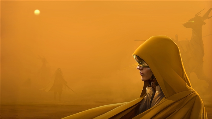 Girl in hood with goggles in sand storm 4K