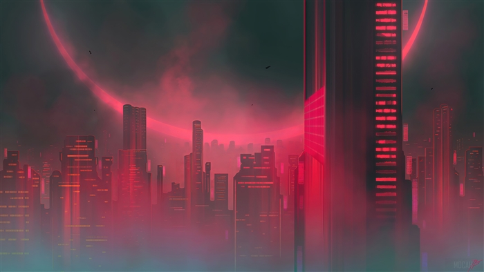 Cyberpunk Cityscape with Red Neon Lights and Mist