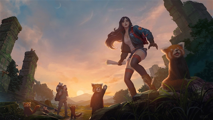 Girl with Red Pandas in Ruins 4K
