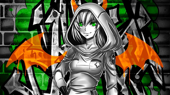Girl with green eyes and wings against graffiti wall 4K