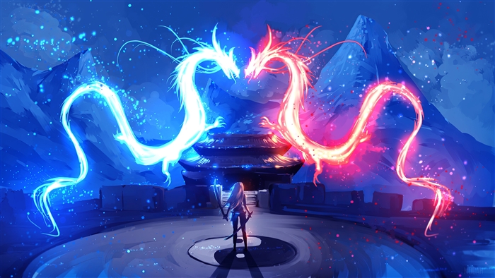 Two Dragons and a Warrior in front of a Temple