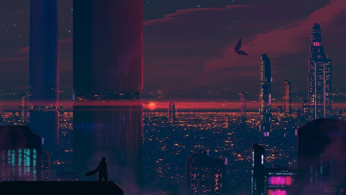 Futuristic Cityscape at Night with a Lone Figure