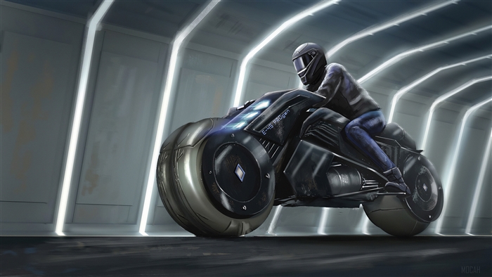 Motorcyclist on a futuristic bike in a tunnel