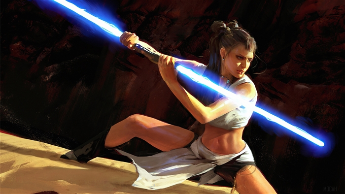 Girl with blue lightsaber in cave 4K