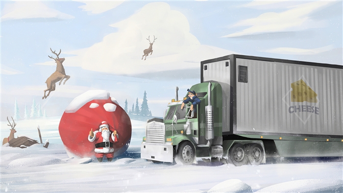 Truck Driver and Santa Claus in Snowy Landscape 4K