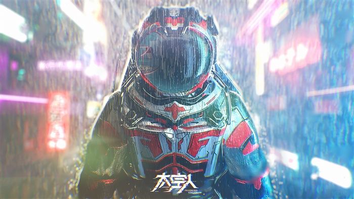 Astronaut in a rainy neon city 4K