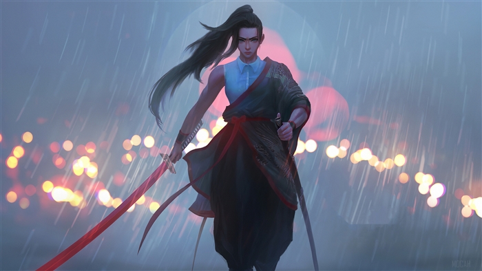 Man with sword in the rain