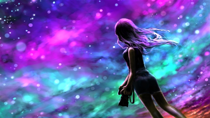 Girl with camera in colorful nebula 4K
