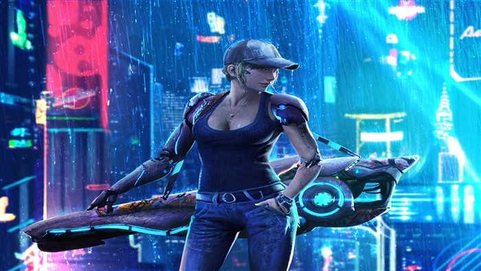 Cybergirl with futuristic bike in neon city 4K