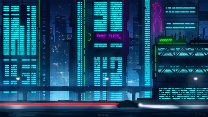 Retrowave city with neon signs and a car