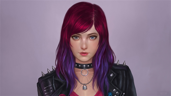 Girl with red and purple hair wearing a spiked jacket
