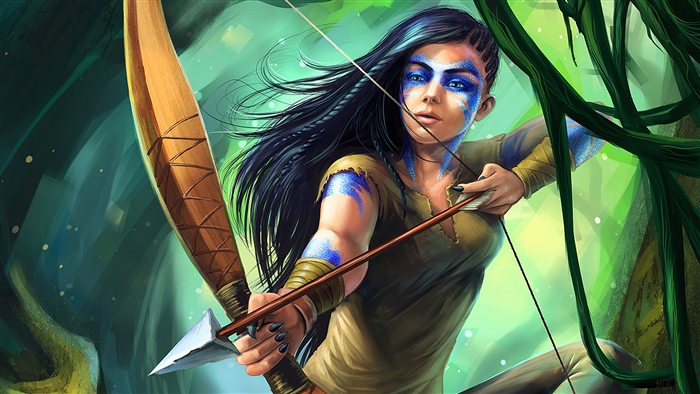 Archer with blue face paint in forest 4K