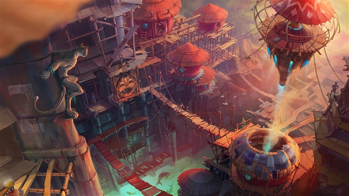 Fantasy city with a cat-like statue and a flying machine