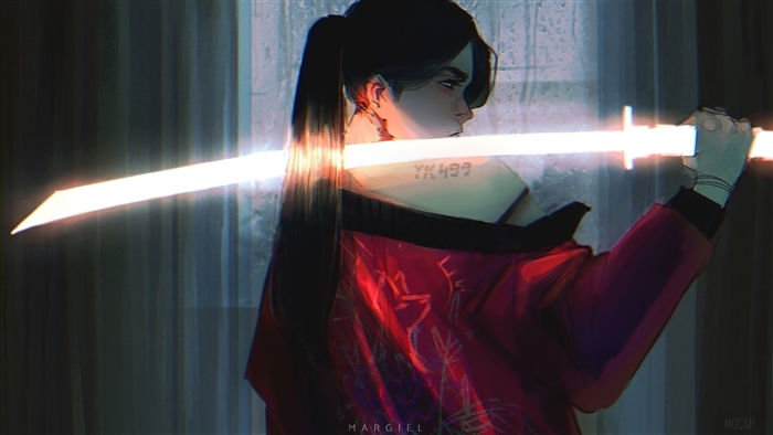 Samurai girl with glowing sword 4K