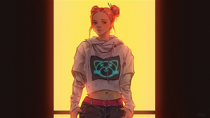 Girl with pink hair in a hoodie and shorts