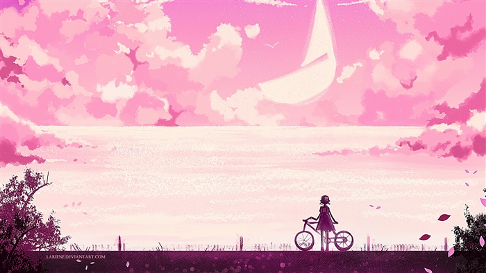 Girl with Bicycle under Pink Clouds 4K