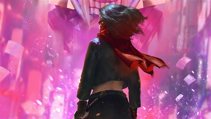 Woman with Oni mask and red scarf in pink city 4K