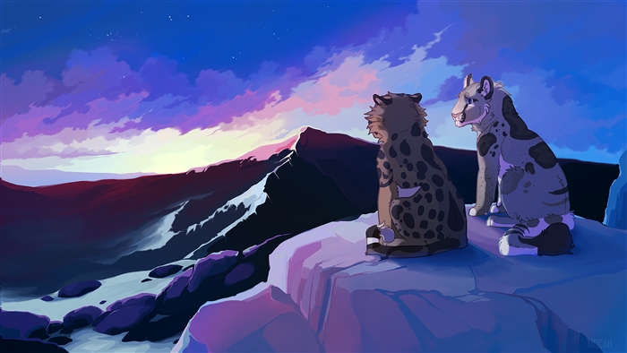 Two snow leopards on a mountain at dusk