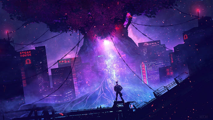 Cyberpunk city with giant tree and person