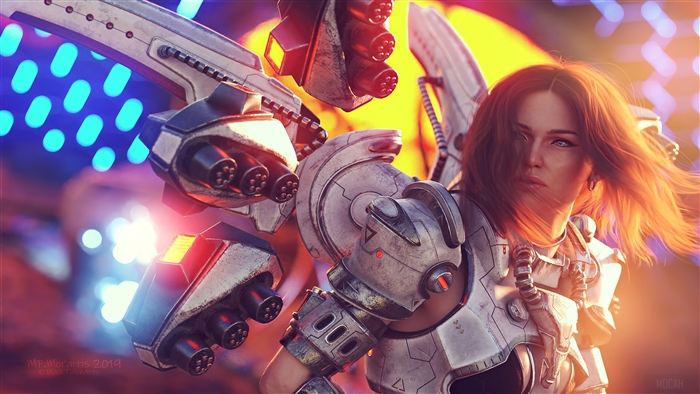 Woman in futuristic armor with weapons