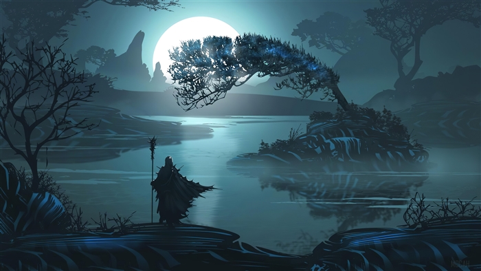 Lone Figure by Mystical Lagoon Under Full Moon 4K