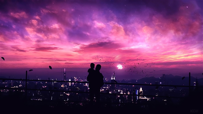 Father and Son Silhouette Over Cityscape at Sunset 4K