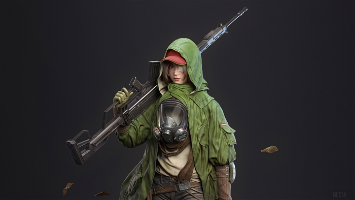 Girl with a sniper rifle and gas mask