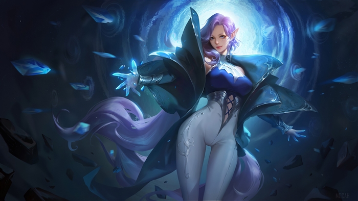 Elf woman with purple hair and white outfit