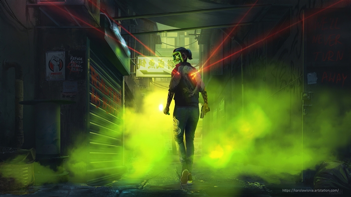 Person with mask in neon smoke alley 4K