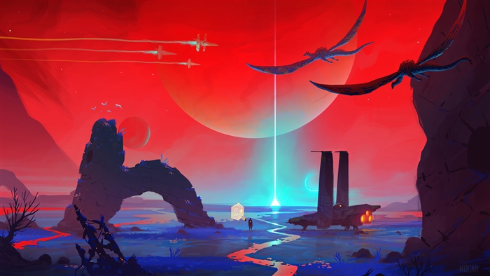 Alien landscape with spacecraft and flying creatures 4K