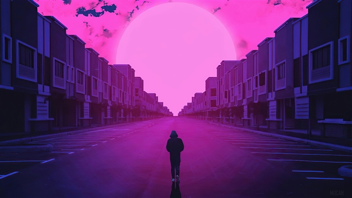 Person walking down a street with a large pink sun