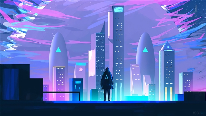 Person in Futuristic City with Colorful Sky 4K