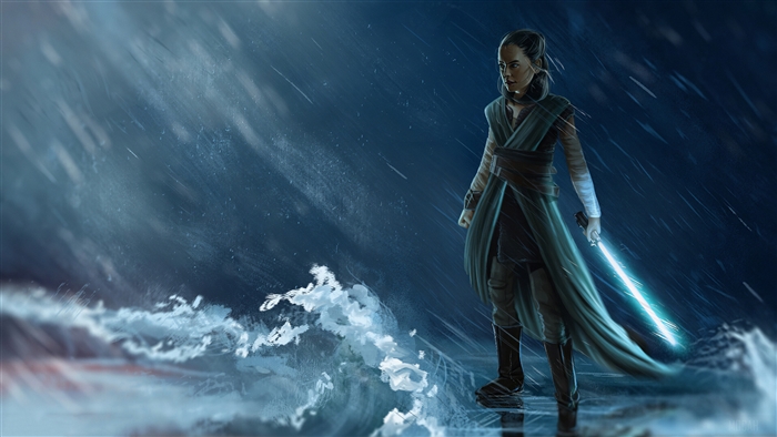 Rey from Star Wars with a blue lightsaber in the rain