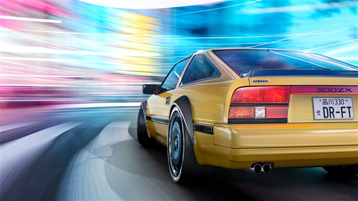 Yellow Nissan 300ZX in motion blur 4K