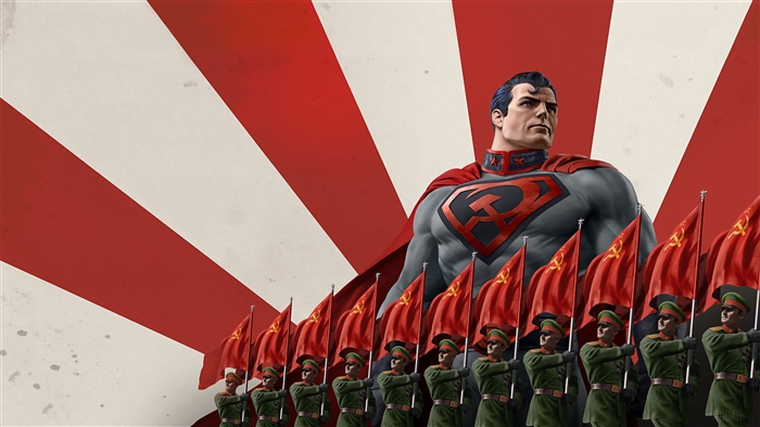 Superman from Red Son in front of Soviet flags