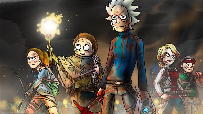 Rick and Morty characters in a war-torn landscape