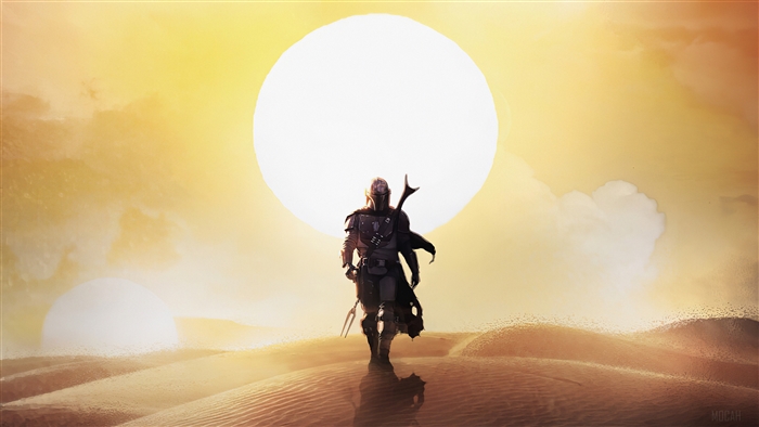 The Mandalorian in a desert landscape with two suns 4K