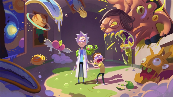 Rick and Morty in a surreal, monstrous environment 4K