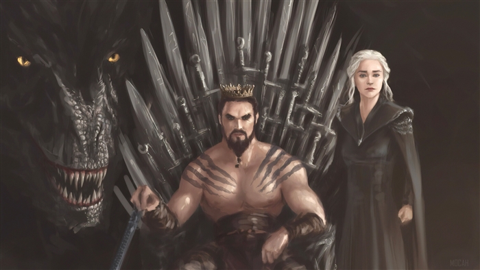 Khal Drogo and Daenerys Targaryen with Dragon on Iron Throne 4K
