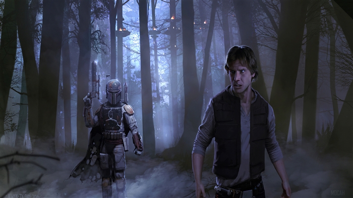 Han Solo and Boba Fett in a forest 4K