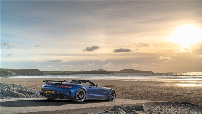 Blue Mercedes AMG GT R Roadster on a Beach