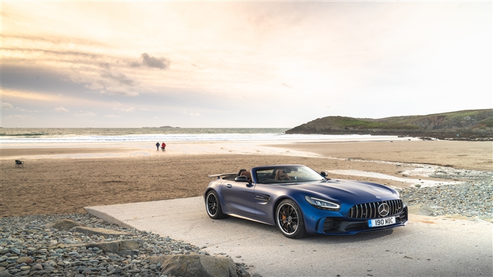 Blue Mercedes AMG GT R Roadster on a Beach