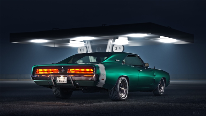 Green Dodge Charger at gas station