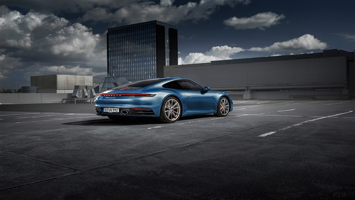 Blue Porsche 911 Carrera 4S parked on rooftop 4K
