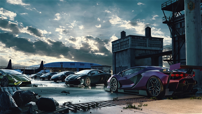 Lamborghini Cars at an Airport Hangar 4K
