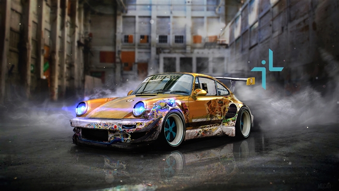 Golden Porsche 911 with stickers 4K