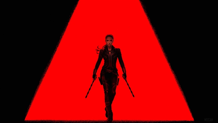 Black Widow from Marvel in front of a red triangle