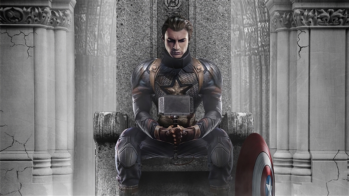 Captain America sitting on a throne with Mjolnir and shield